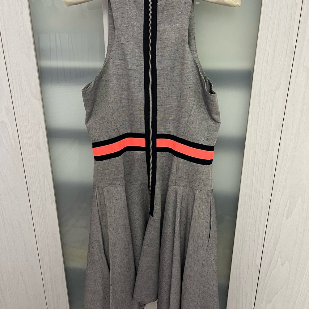 Milly Gray Backless Fit-and-Flare Dress with Pink and Black Waist Stripe